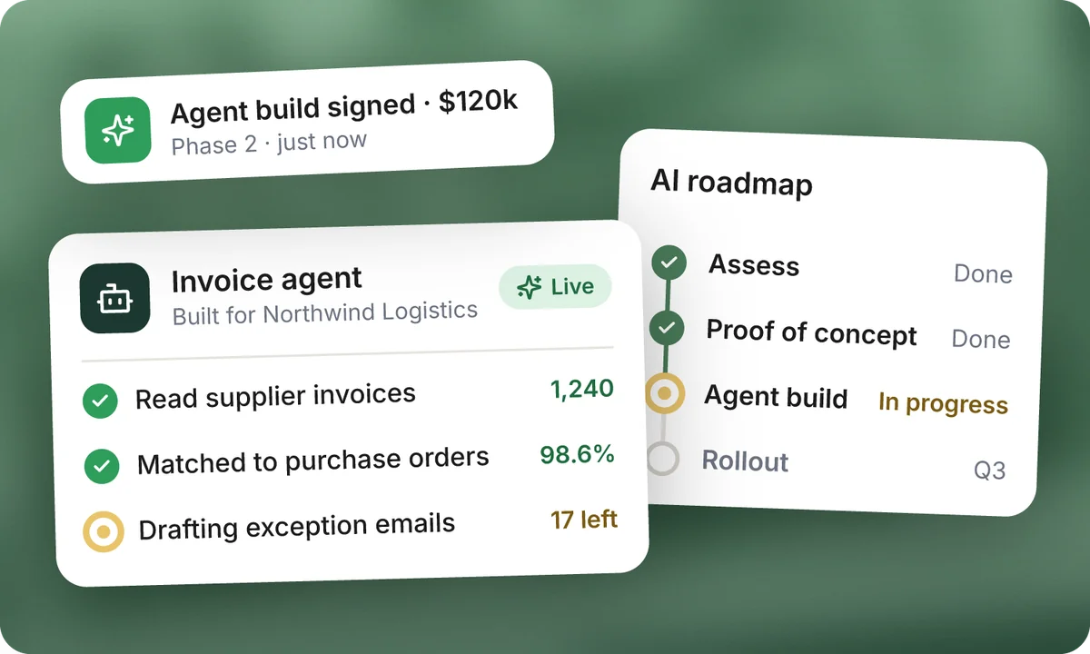 A live invoice agent matching supplier invoices to purchase orders, an AI roadmap with the agent build in progress and an agent build signed notification