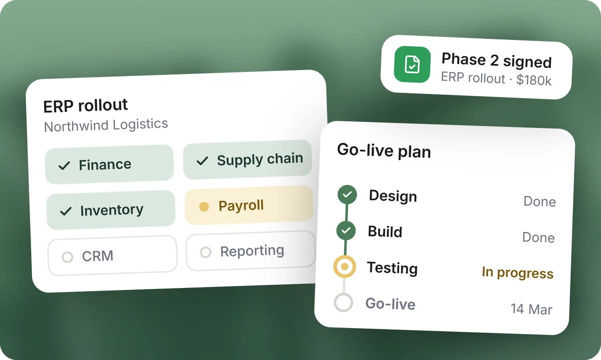 An ERP rollout card with live modules, a go-live plan and a phase 2 signed notification