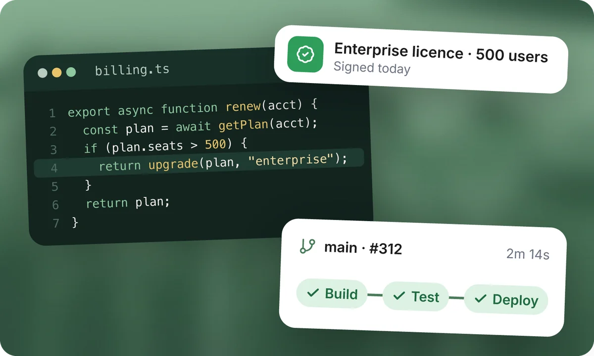 A code editor, a passing build pipeline and an enterprise licence notification
